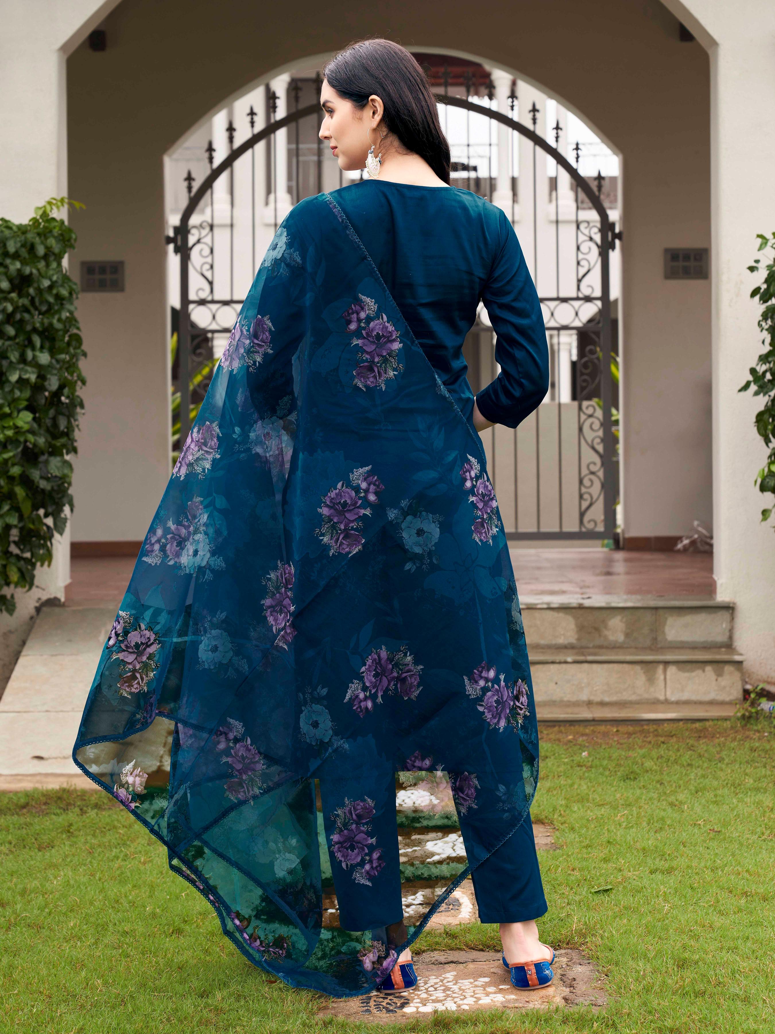 Teal Blue Color Cotton Blend Multi Embroidered Kurta Set With Printed Organza Dupatta